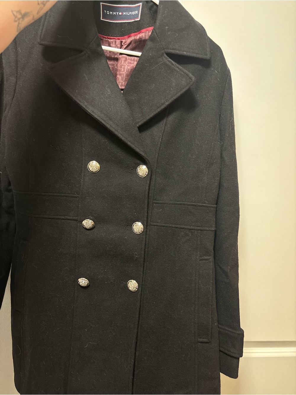 Tommy Hilfiger Black Double-Breasted Pea Coat with Metal Buttons